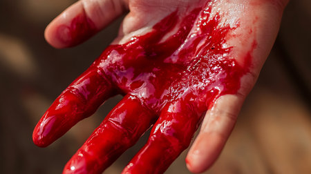 A close-up image showcasing blood on a person's hand, highlighting the vivid red color and texture. This image illustrates themes of injury and human vulnerability.の素材