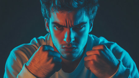 A young male displays intense determination and focus, clenching his fists in preparation for a challenge. The vibrant lighting adds drama and depth to the scene, capturing raw energy.の素材
