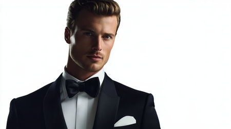 A striking portrait of a handsome male model dressed in a classic tuxedo, showcasing elegance and sophistication. Ideal for fashion-related themes.の素材