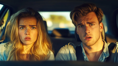 A couple sits in a car after an argument, displaying a mix of concern and confusion. Their worried expressions and tense atmosphere reflect relationship struggles and emotional turmoil.の素材