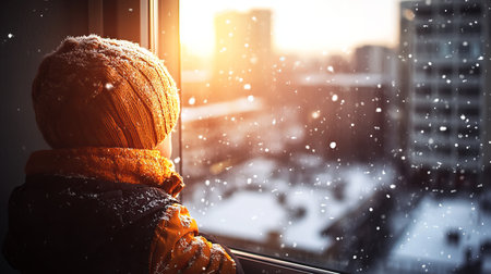 A child admires the falling snow from a window, creating a serene winter scene. The warm sunlight enhances the cozy atmosphere, evoking feelings of wonder and joy.の素材