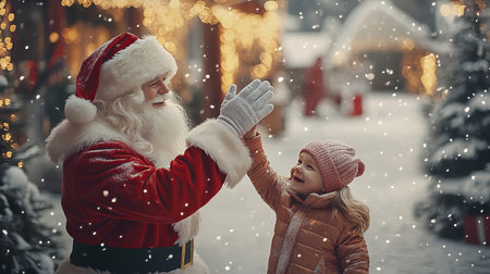A joyful moment captured as Santa high fives a delighted child in a festive outdoor setting, surrounded by cheerful decorations and falling snow.の素材