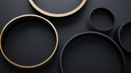 Discover a stunning composition of elegant black and gold circular shapes against a chic dark background, perfect for modern design and stylish visuals.の素材