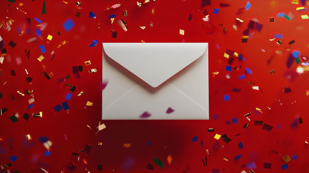 This image features a white envelope surrounded by vibrant confetti on a bright red surface, perfect for festive occasions and invitations.の素材