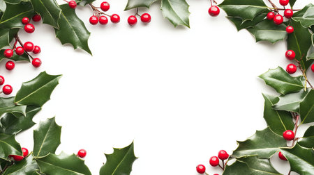 This festive border frame features lush mistletoe and holly leaves with vibrant red berries, perfect for holiday-themed designs or seasonal greetings.の素材