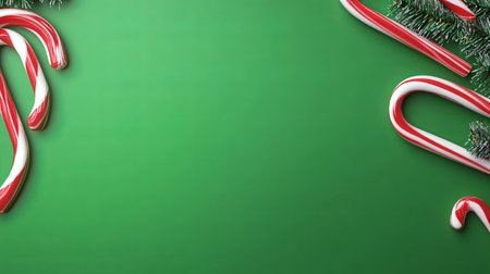 Colorful red and white candy canes arranged on a bright green background, perfect for holiday themes and festive decorations, evoking joy and sweetness.の素材