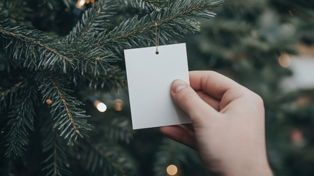A simple blank card mockup hangs from a Christmas tree, surrounded by soft lights and lush greenery. Ideal for festive designs and creative holiday projects.の素材