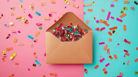 A vibrant brown envelope filled with colorful confetti sits atop a bright pink and blue background, creating a joyful and festive atmosphere perfect for celebration themes.の素材