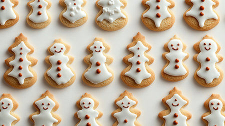 Delight in a vibrant display of Christmas cookies shaped like trees and snowmen, perfect for festive celebrations. Ideal for holiday baking inspiration and gatherings.の素材
