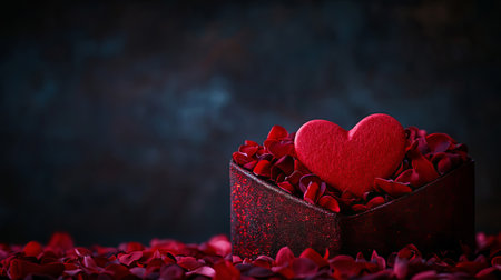 A beautifully arranged heart-shaped box filled with rose petals, perfect for creating a romantic atmosphere on Valentine's Day. Celebrate love!の素材