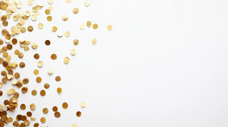 Bright and cheerful gold confetti scattered on a clean white background, perfect for celebrations and festive designs. Ideal for creative projects.の素材
