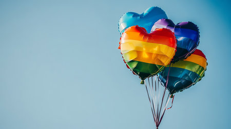 Beautiful heart-shaped balloons in rainbow colors float gracefully in a clear blue sky, creating a cheerful and festive atmosphere perfect for celebrations and events.の素材