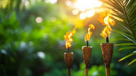 Enjoy a vibrant tropical themed party setting featuring tiki torches, palm leaves, and warm flames. Perfect for outdoor celebrations and gatherings.の素材