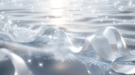 This serene image features delicate white ribbons gracefully laid on a sparkling silver water surface, evoking a peaceful spa theme perfect for design inspirations.の素材