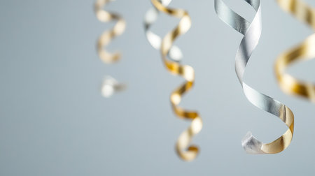 Elegant glossy gold and silver streamers cascade down against a soft background, creating a festive atmosphere. Perfect for celebrations and upscale events.の素材