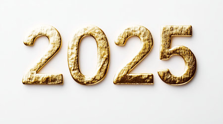 This image features stylish gold textured numbers representing the year 2025 on a minimalist white background. Ideal for celebrations or promotional materials.の素材