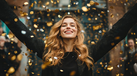 A vibrant image of a joyful woman celebrating joyfully while surrounded by shimmering gold and silver confetti, embodying the spirit of happiness and celebration. Perfect for event themes.の素材