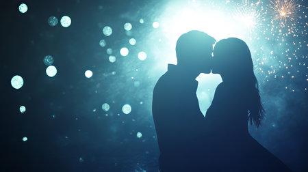 A romantic silhouette of a couple sharing a passionate kiss under a shower of vibrant fireworks at midnight, creating a magical and dreamy atmosphere filled with love and intimacy.の素材