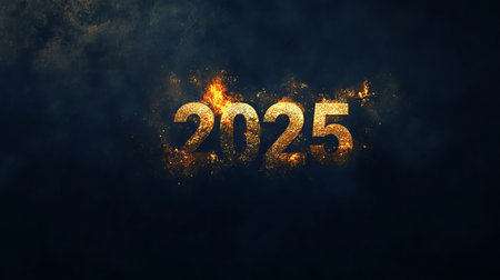 This striking image features fine gold dust particles forming the year 2025 against a dark background, symbolizing celebration and new beginnings.の素材