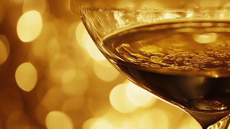 Explore this stunning close-up of a champagne glass featuring beautiful golden bokeh light effects, perfect for celebrating special occasions and elegant moments.の素材