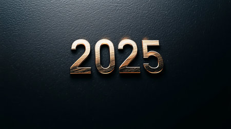 This image showcases elegant gold numbers "2025" engraved on a smooth black surface, highlighting luxury and sophistication, perfect for modern design themes.の素材