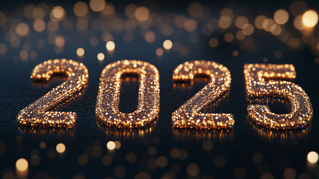 Celebrate the arrival of the new year with this sparkling display of the numbers 2025, illuminated by glowing lights and a festive atmosphere.の素材