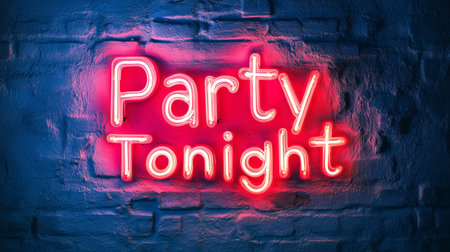 A bright neon sign reading "Party Tonight" glows against a textured wall, creating a vibrant atmosphere perfect for celebrations or events.の素材