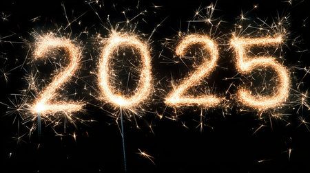 A stunning display of sparklers forming the number 2025 against a black background, symbolizing celebration and New Year festivities. Capture the essence of joy and illumination.の素材