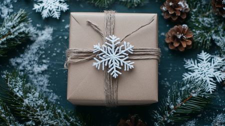 A beautiful gift box wrapped with twine and adorned with a snowflake, surrounded by snowflakes and pinecones, capturing the essence of a winter wonderland.の素材
