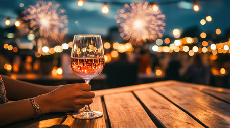 A serene evening scene featuring a person on a rooftop enjoying a glass of wine while watching a stunning fireworks display. The mood is festive, with beautiful lights creating a cozy atmosphere.の素材
