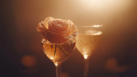 A beautifully arranged champagne glass with a rose, set in a warm and romantic atmosphere, perfect for celebrating love and special moments.の素材