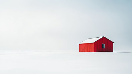A striking red cabin stands alone in a vast white snowy field, creating a beautiful contrast under bright natural light. The scene evokes tranquility and simplicity.の素材