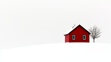 A striking bright red cabin stands alone in a stark white snowy field, creating a serene winter atmosphere. The minimalist scene features a single tree, enhancing the tranquil beauty of the landscape.の素材