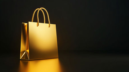 A stunning golden shopping bag with glowing edges set against a dark background, perfect for upscale retail displays. The elegant design emphasizes luxury and style.の素材