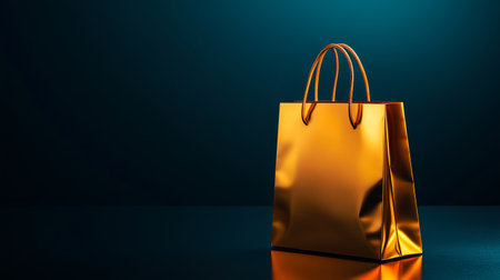 This image features a golden shopping bag with glowing edges set against a dark background, ideal for upscale retail promotions or luxury advertisements.の素材