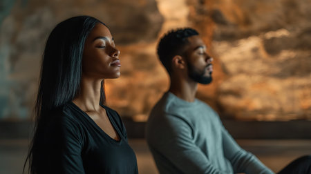 Participants engage in a mindfulness session, sitting together in a serene environment, fostering tranquility and self-awareness. Ideal for promoting relaxation and emotional balance.の素材