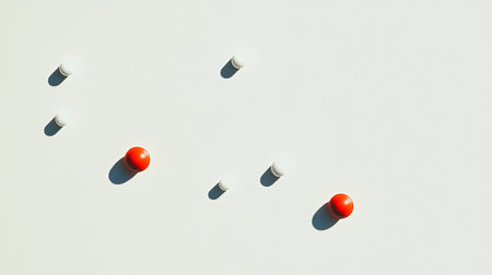 Discover a stunning flat lay image showcasing vibrant pills and capsules on a pristine white surface. Ideal for medical and wellness themes, this visual emphasizes health and nutrition.の素材