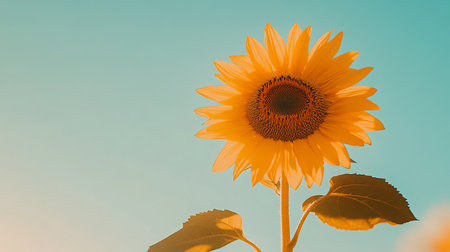 A stunning close-up of a vibrant yellow sunflower standing against a clear blue sky, capturing nature's beauty and tranquility with exquisite detail. Perfect for summer themes.の素材