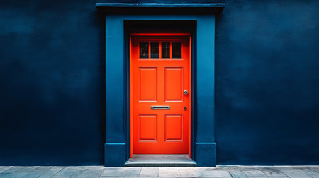 This image showcases a vibrant orange door framed by a deep blue building, creating a striking architectural contrast. Ideal for design and decor themes.の素材