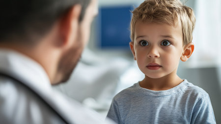 A concerned parent engages in an online consultation with a pediatrician about their child. The focus is on the young child's expression during the conversation, conveying trust and care in a home environment.の素材