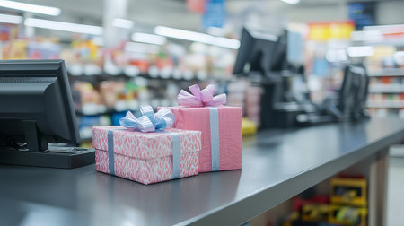 A busy checkout counter features beautifully wrapped gift items with ribbons, surrounded by vibrant promotional displays in a modern retail environment.の素材