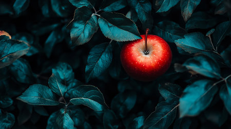A striking red apple hangs prominently from a dark green leafy plant, creating a vivid contrast in a natural setting. Perfect for themes of freshness and nature.の素材