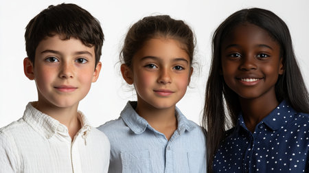 A heartwarming portrait showcasing a diverse group of children emphasizing inclusivity and friendship. This image captures joy and connection in a family-like setting, representing unity among different backgrounds.の素材