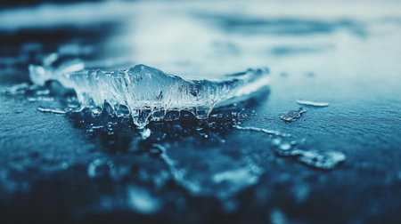 Amazing view of a frozen lake with partially thawed ice, showcasing intricate textures and captivating contrasts in shades of blue and white.の素材
