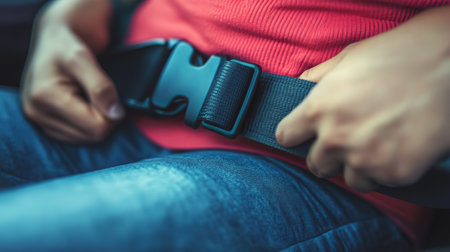 A close-up view of a person with a disability adjusting their seatbelt, ensuring safety and comfort while traveling in a vehicle.の素材