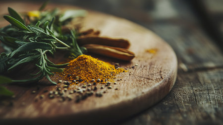 A beautiful arrangement of fresh herbs and vibrant spices on a wooden cutting board, perfect for cooking inspiration. The rustic background enhances the natural appeal for culinary enthusiasts.の素材