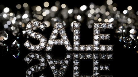 Eye-catching diamond encrusted SALE text glimmers on a dark velvet surface, surrounded by sparkling accents, perfect for luxury promotions and retail displays.の素材