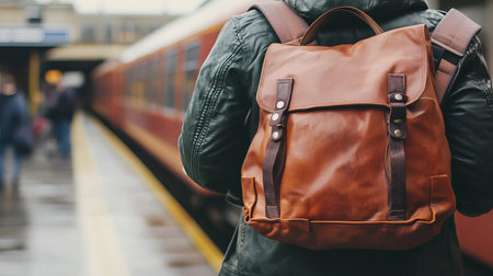 A person is guiding someone towards a train platform, holding their bag, amidst an urban environment. The scene captures the essence of travel and anticipation.の素材