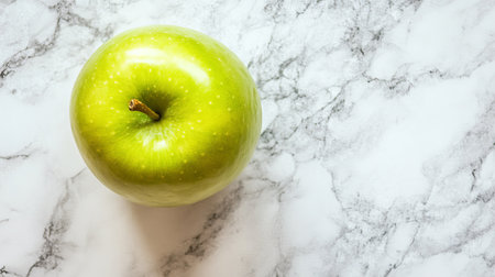 A vibrant green apple rests on a sleek white marble countertop, showcasing natural beauty and elegance. Perfect for food-related themes or kitchen designs.の素材