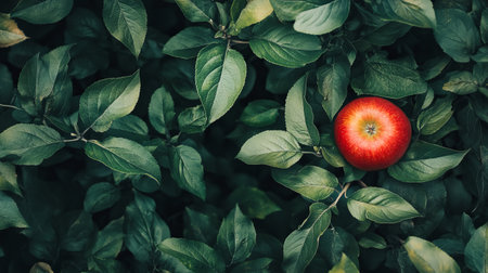 A vivid red apple nestled among dark green leafy plants showcases nature's beauty and bounty, perfect for themes of health, freshness, and organic produce.の素材